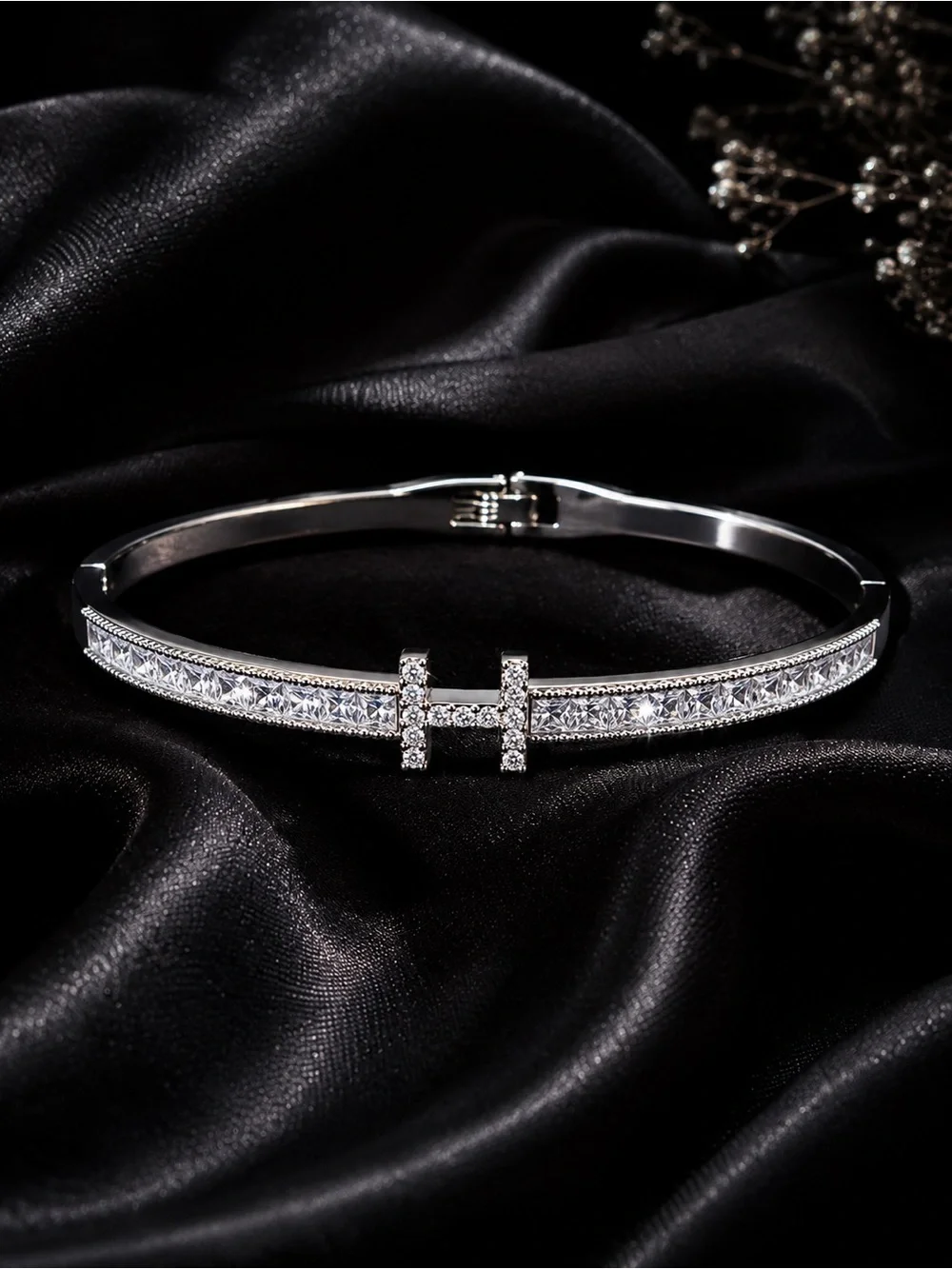 Silver Crystal H Accent Hinged Bangle Bracelet